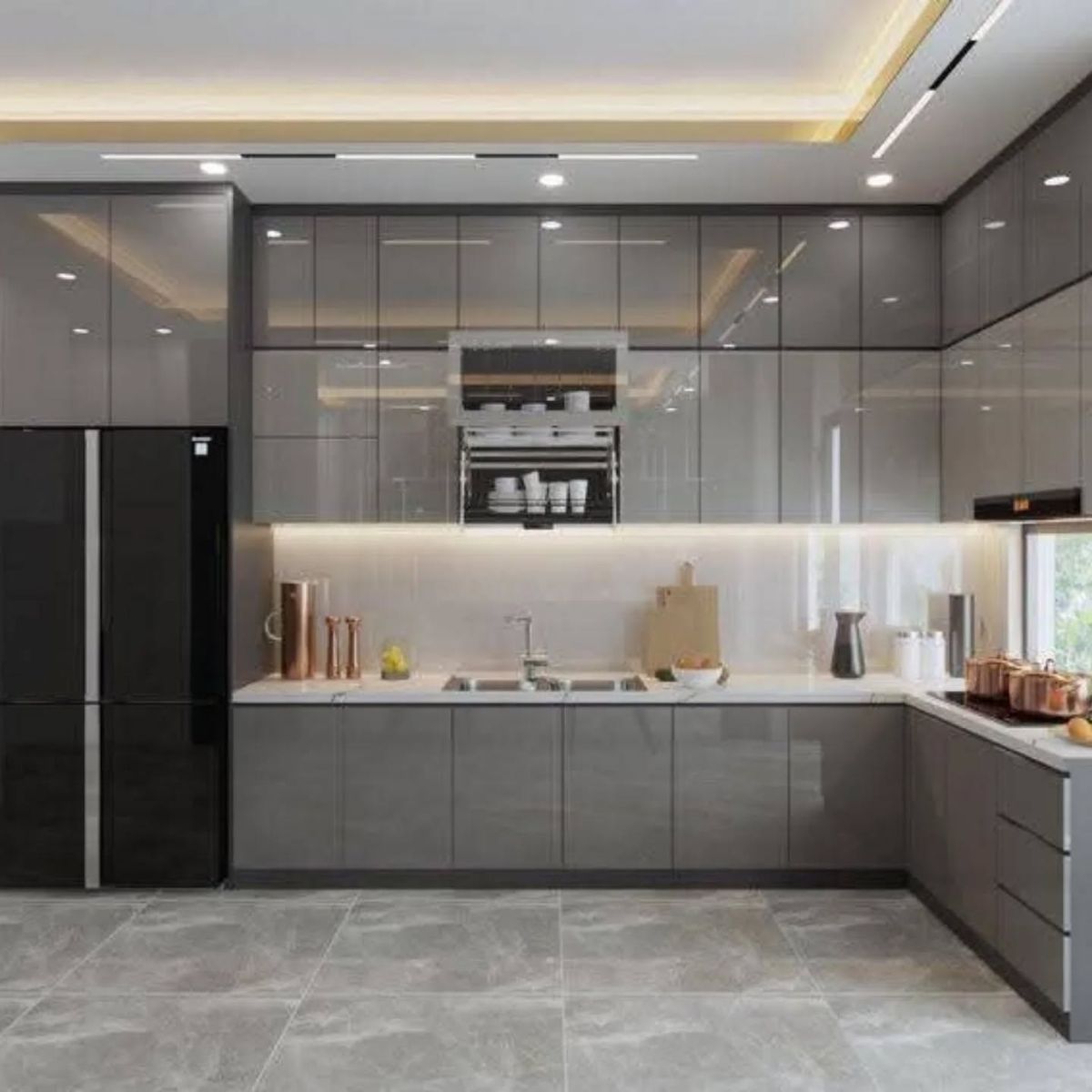 Dự án tủ bếp inox cánh kính chữ L cho biệt thự tại Hưng Yên