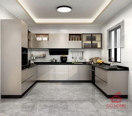 Tủ bếp inox cánh kính 4.24m chữ L