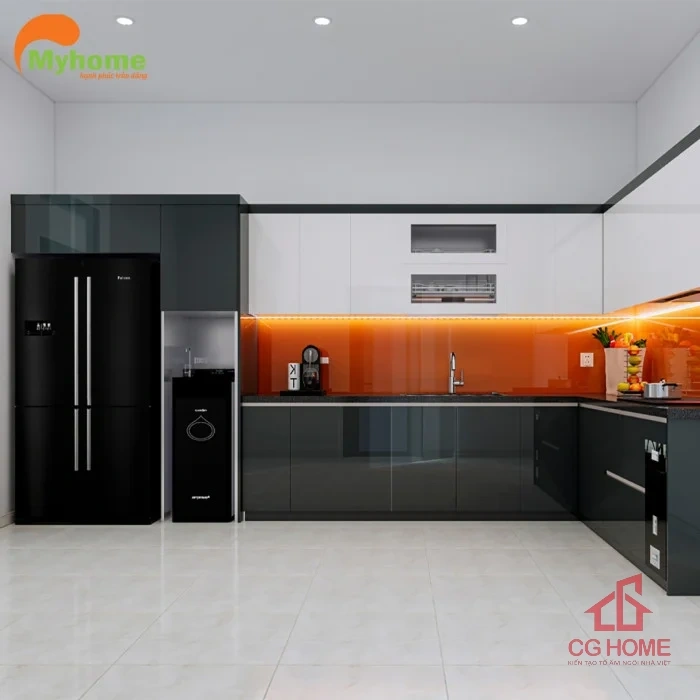 Tủ bếp inox cánh acrylic 6.97m chữ L