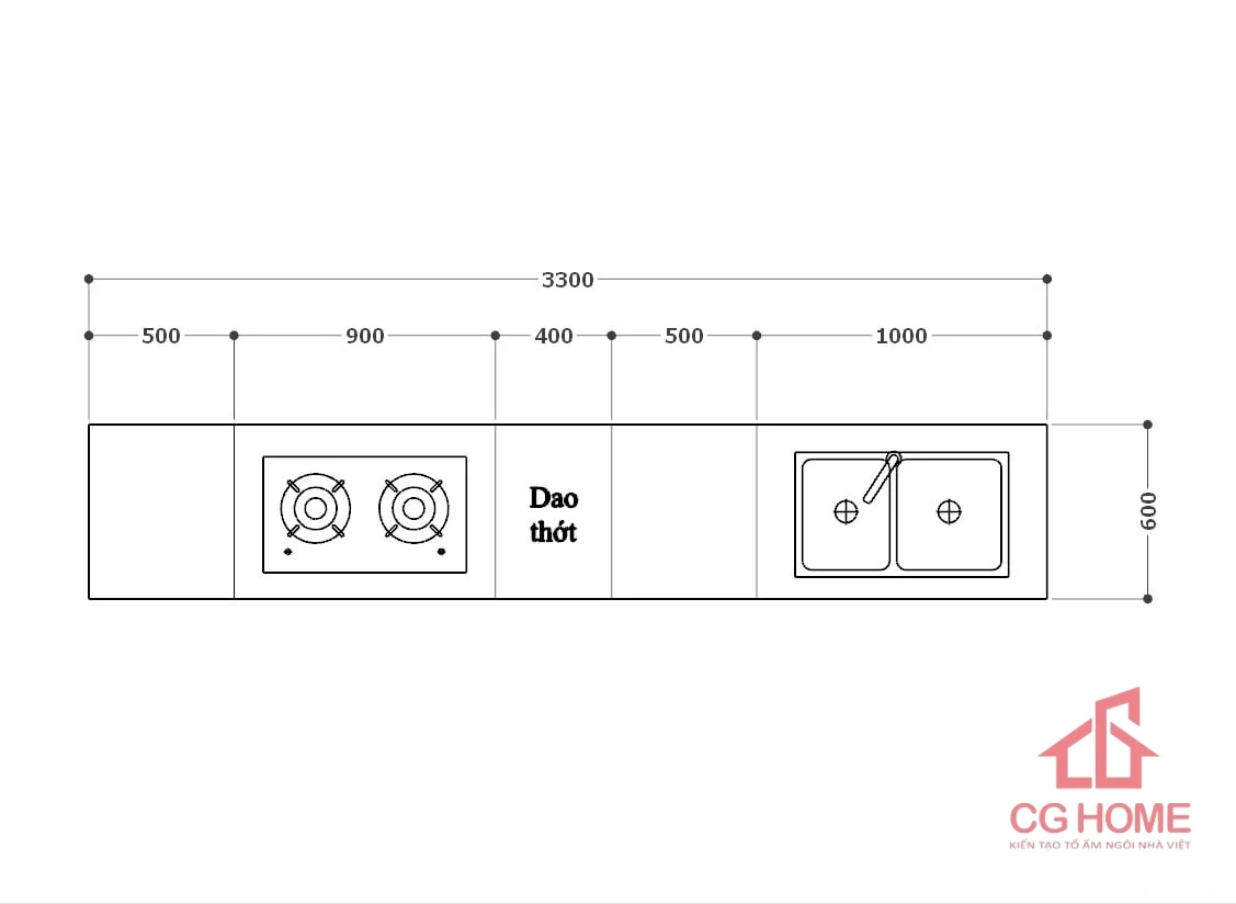 Tủ bếp inox cánh kính 3.3m chữ I