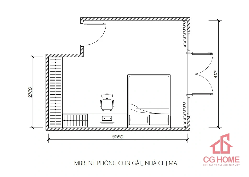 CBPN002 mặt bằng combo nội thất phòng ngủ 22m2