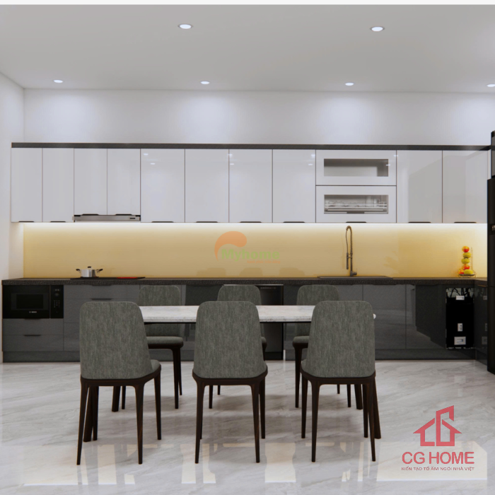 Mẫu Tủ Bếp Inox Cánh Kính Chữ L 5.5×3.1m