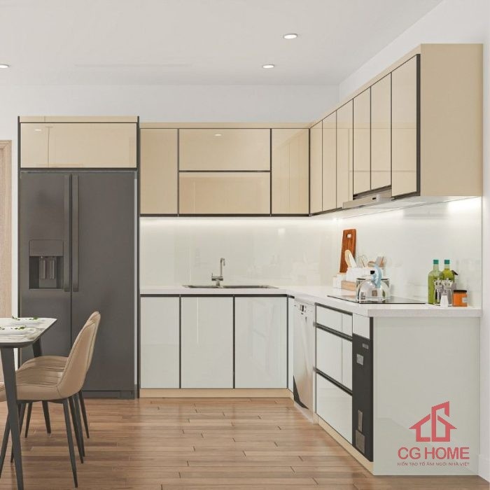 Tủ bếp inox cánh kính 5.4m chữ L
