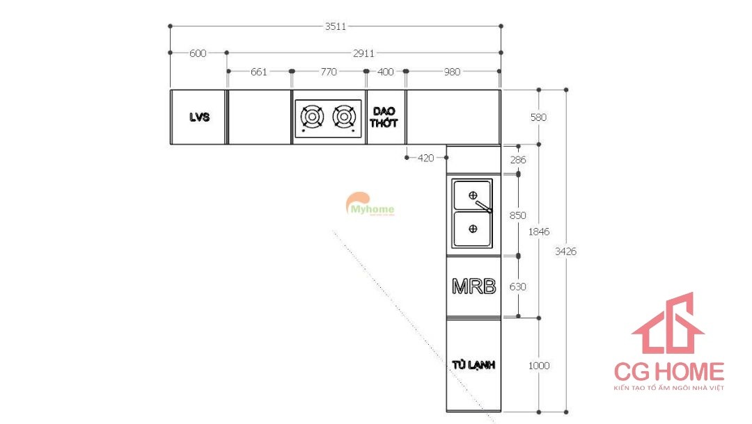 Mặt bằng tủ bếp inox cánh kính chữ L kích thước 3.5x3.5m
