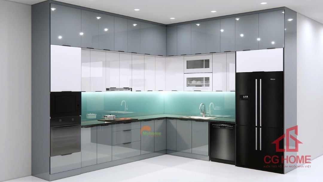 Tủ bếp inox cánh kính chữ L kích thước 3.5x3.5m 1