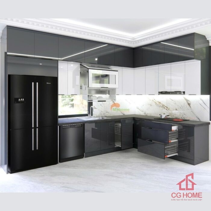 Mẫu Tủ Bếp Inox Cánh Kính Chữ L 3.8×2.4m Kịch Trần