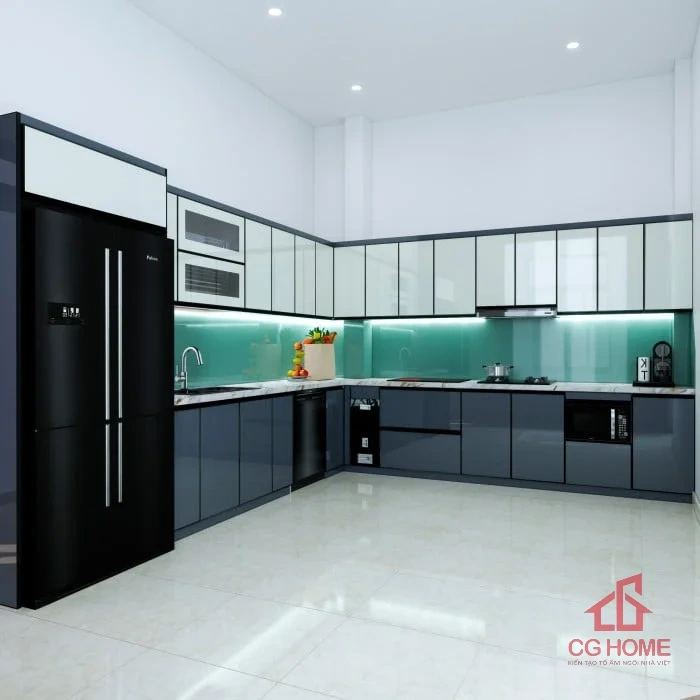 Mẫu Tủ Bếp Inox Cánh Kính Chữ L3.9*3.6m