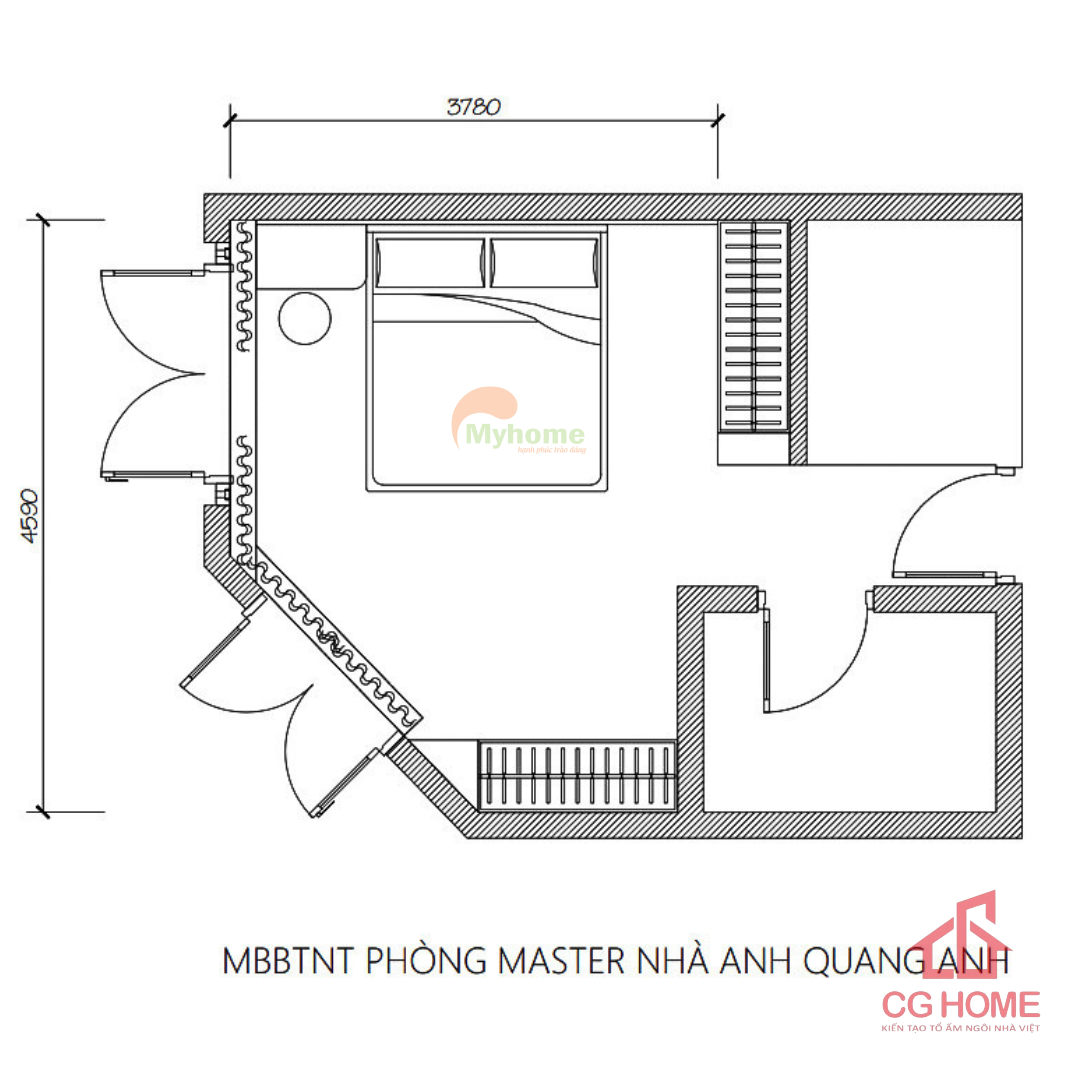 Mặt bằng kích thước phòng ngủ master phong cách tối giản