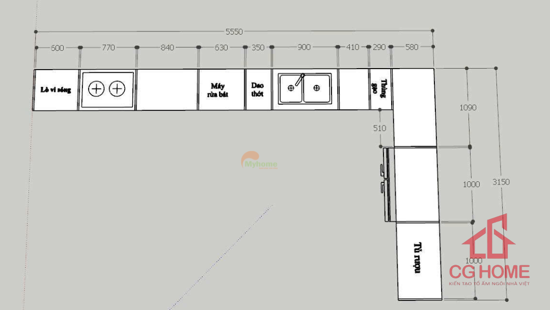 Mặt bằng kích thước tủ bếp inox cánh kính chữ L kích thước 5.5×3.1m