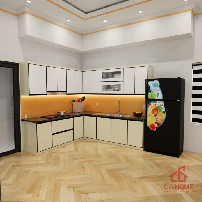 Tủ bếp inox cánh kính 4.9m chữ L