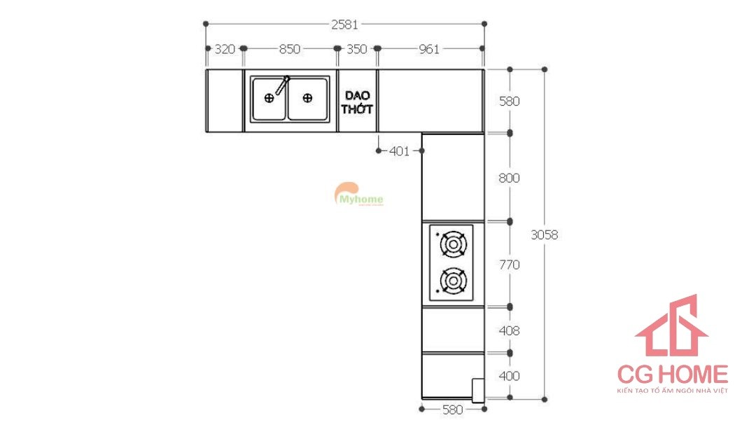 Mặt bằng bố trí vị trí, công năng tủ bếp inox cánh kính chữ L 2.6x3.1m.