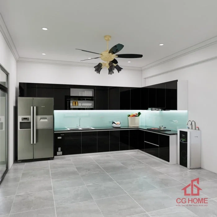 Tủ bếp inox cánh acrylic 6.7m chữ L