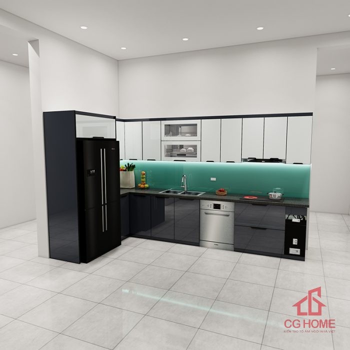 Tủ bếp inox cánh kính 5.7m chữ L