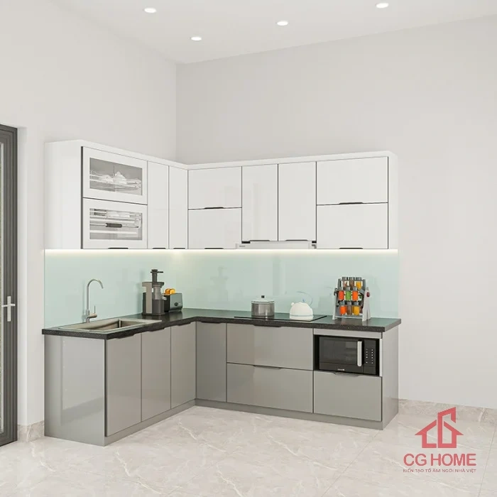 Mẫu Tủ Bếp Inox Cánh Kính Chữ L2.3*1.8m