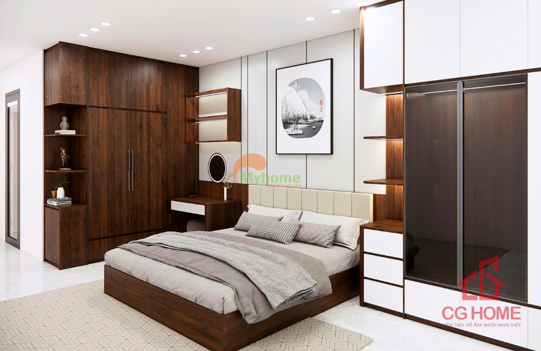 Nội thất phòng ngủ được lựa chọn đồng bộ, tạo tổng thể hài hòa và hiện đại.