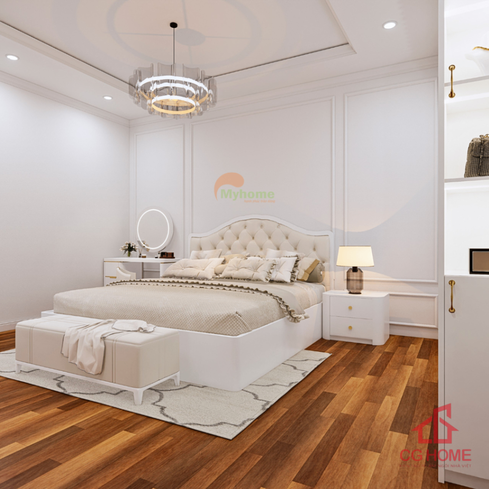 Giường ngủ bọc nệm chần nút tinh tế, kết hợp phào chỉ tường nhẹ nhàng