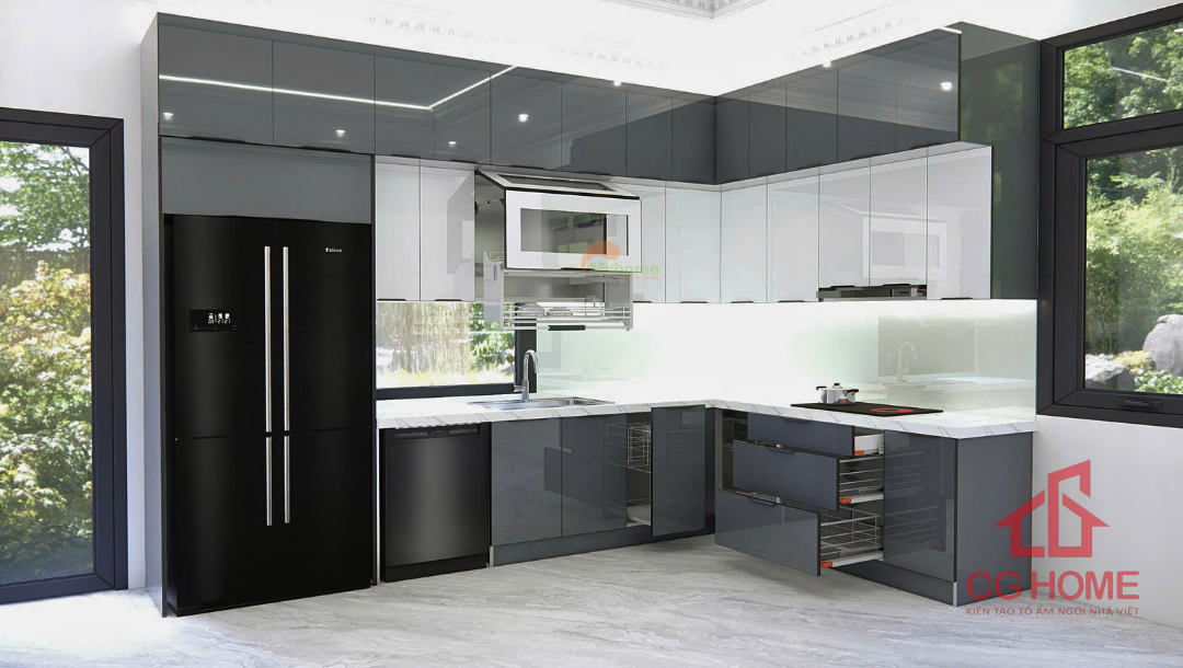 Bố cục tủ bếp khoa học, phù hợp thói quen sinh hoạt của gia đình