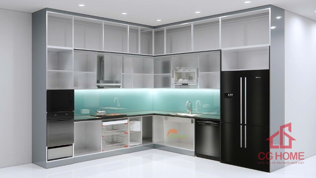 Tủ bếp inox cánh kính chữ L kích thước 3.5x3.5m 4