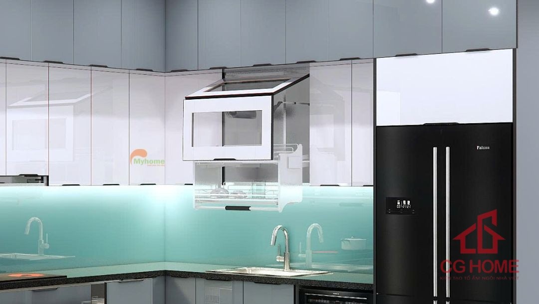 Tủ bếp inox cánh kính chữ L kích thước 3.5x3.5m 6