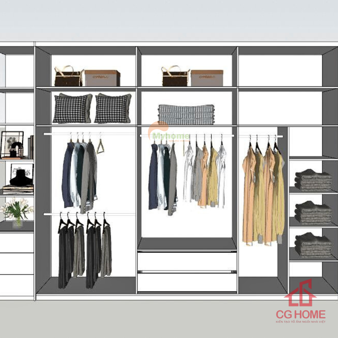 Tủ quần áo được chia thành nhiều ngăn, sắp xếp khoa học, gọn gàng