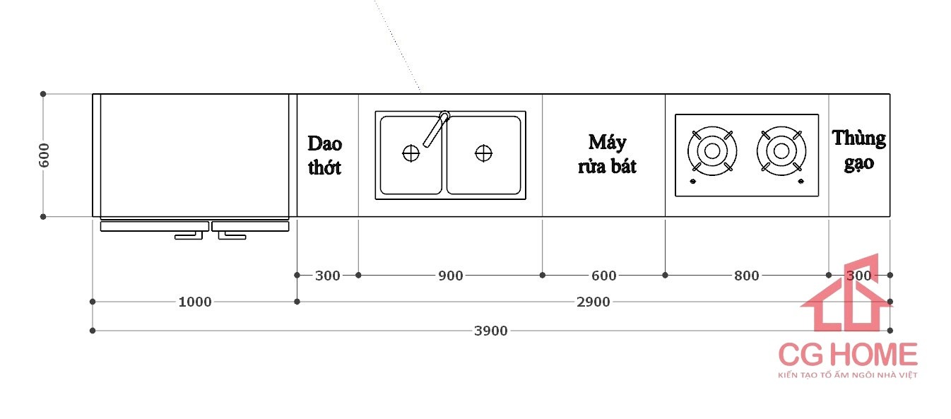 kích thước tủ bếp inox cánh kính chữ I39M