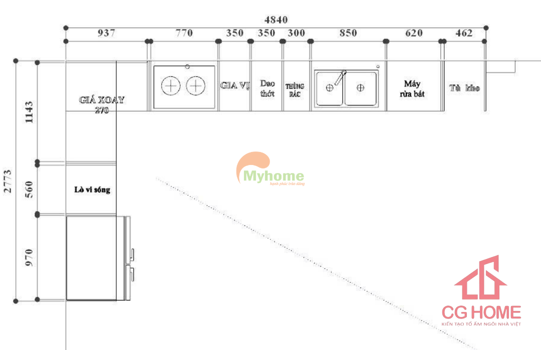 Bản vẽ kích thước tủ bếp inox kịch trần kích thước 4.8x2.7m