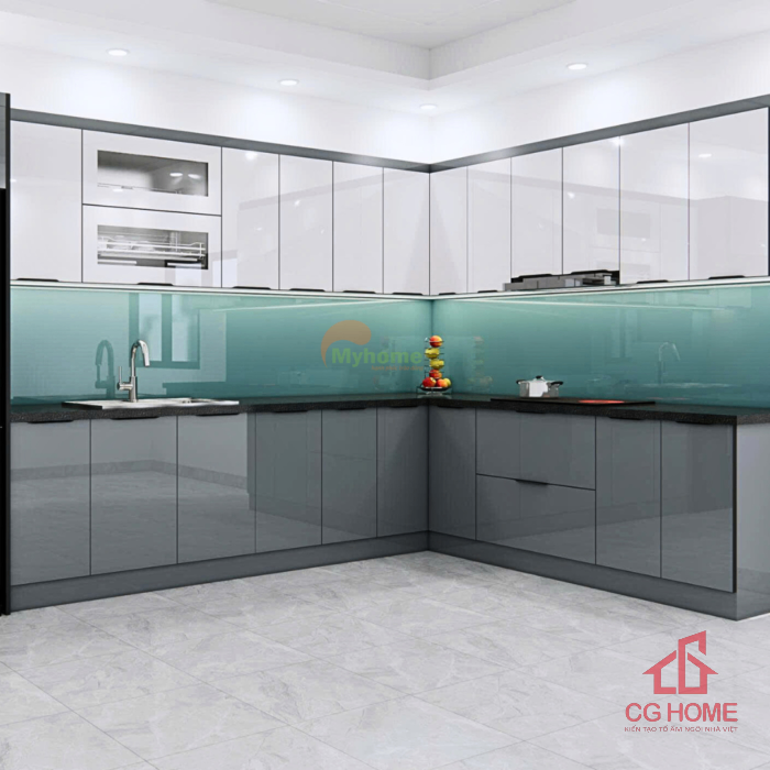 Tủ Bếp Inox Cánh Kính Chữ L Cao Cấp Kích Thước 4.1×2.5m