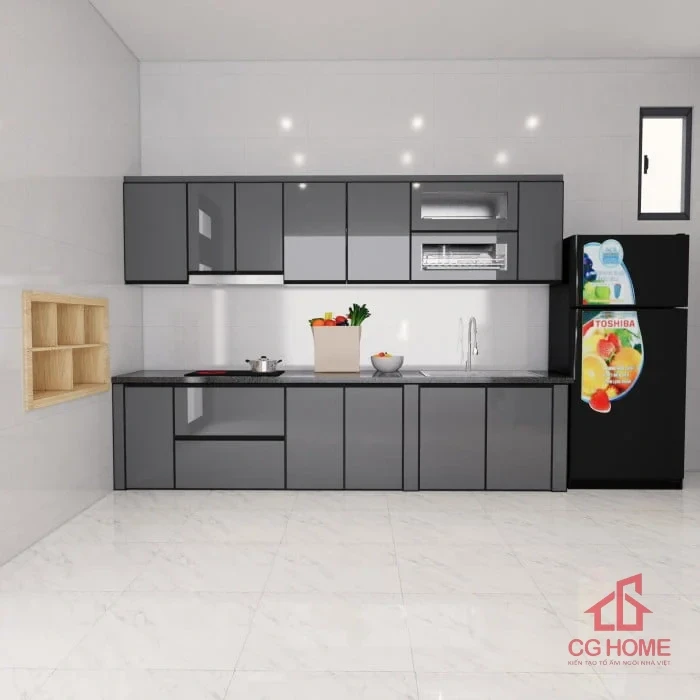 Tủ bếp inox cánh kính 3.3m chữ I (mẫu 2)