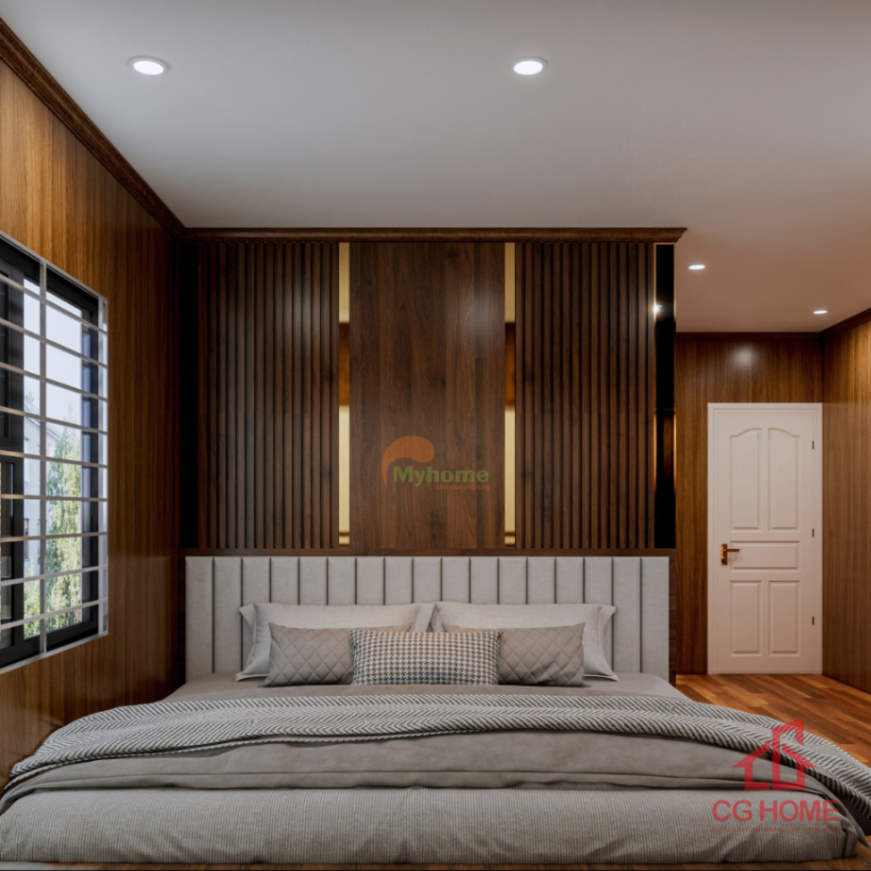 Phòng ngủ hiện đại sang trọng với gam gỗ trầm, mang lại cảm giác ấm áp và thư giãn