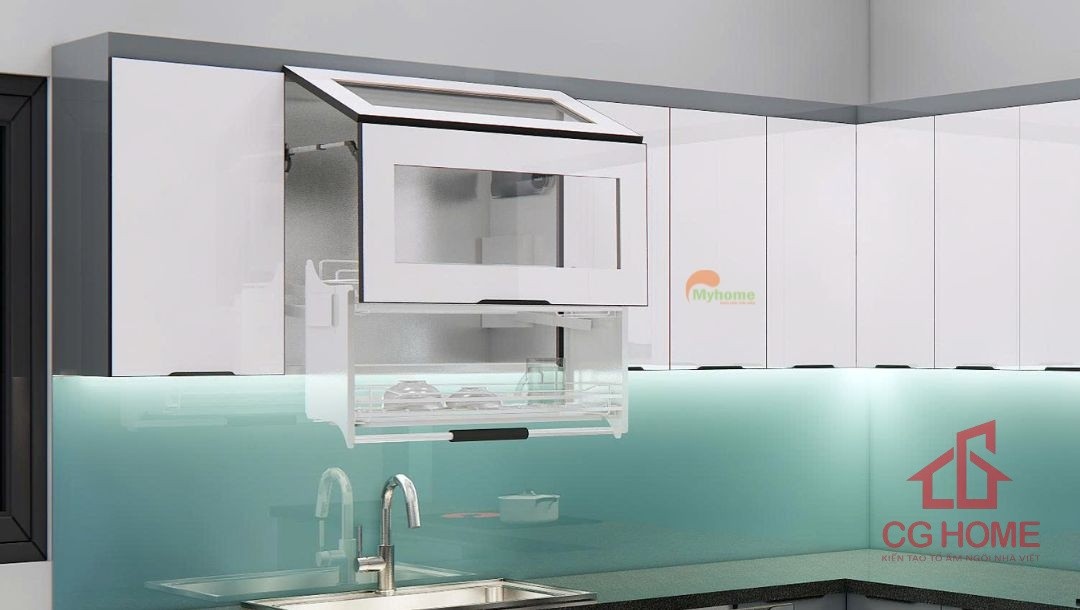 Giá bát nâng hạ là giá không thể thiếu trong bộ phụ kiện của tủ bếp inox cánh kính.