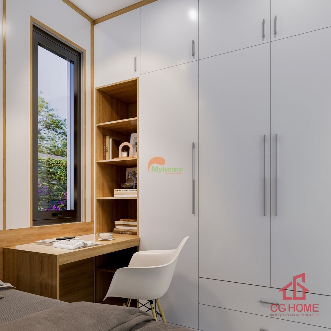 Bàn học được bố trí liền tủ quần áo và giường. Giúp tiết kiệm không gian mà vẫn đảm bảo công năng.