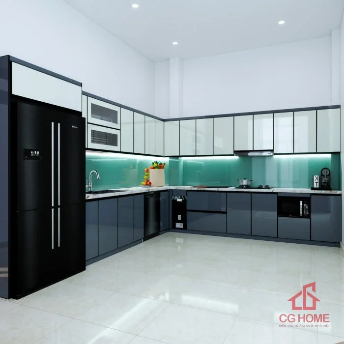 Mẫu Tủ Bếp Inox Cánh Kính Chữ L3.9*3.6m