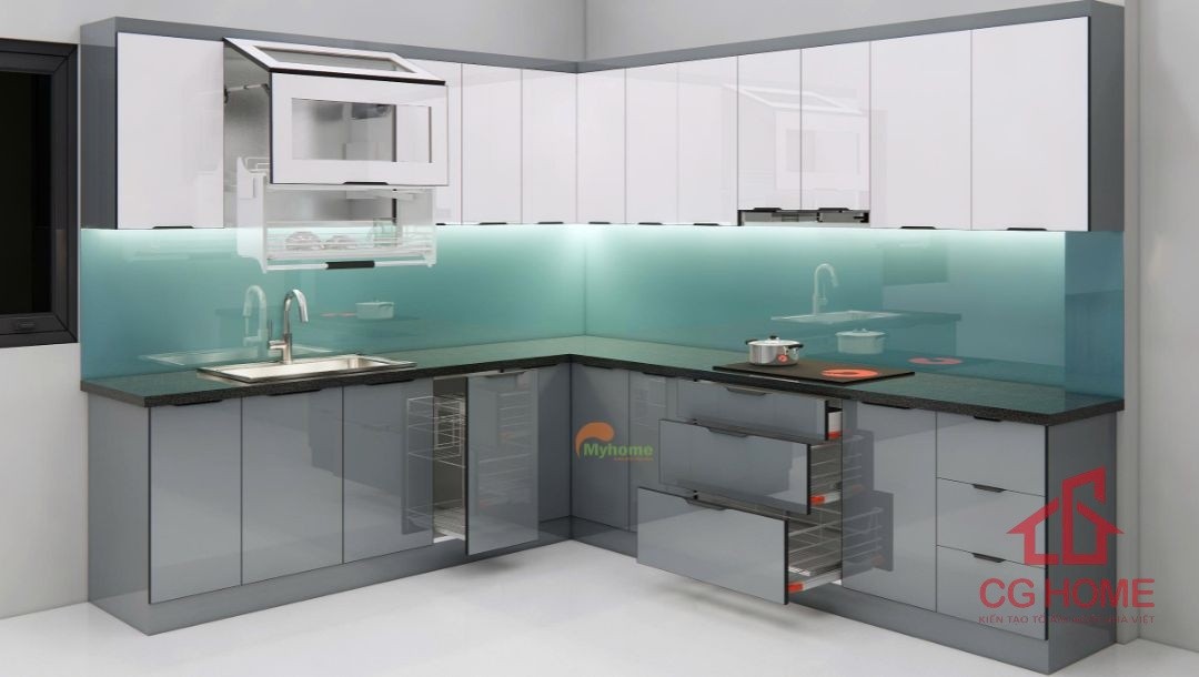 Tủ bếp inox cánh kính kích thước tiêu chuẩn được trang bị đầy đủ phụ kiện và thiết bị hiện đại.