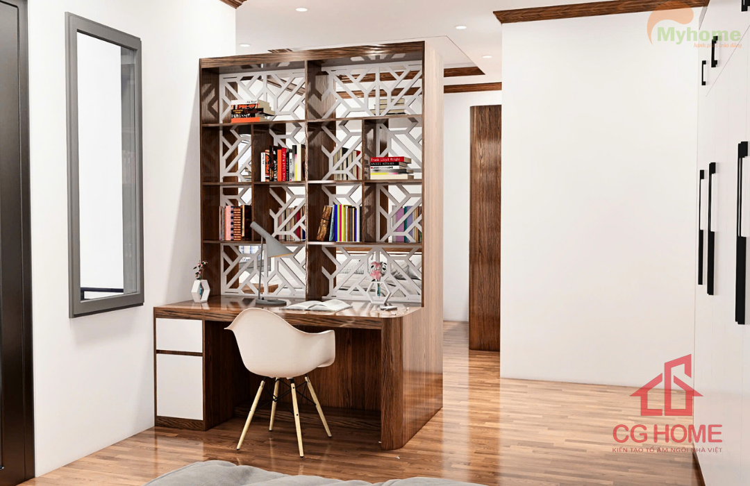 Hệ kệ sách kết hợp trang trí tạo điểm nhấn cho góc làm việc.