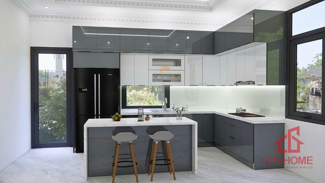 Tủ bếp inox cánh kính kết hợp bàn đảo tạo điểm nhấn nổi bật cho gian bếp