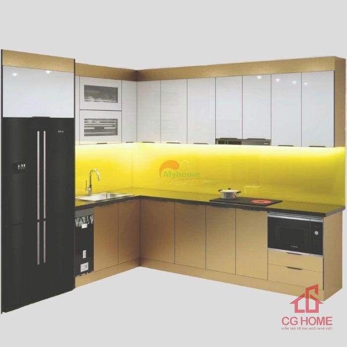 Mẫu Tủ Bếp Inox Cánh Kính Chữ L 2.8×2.9m