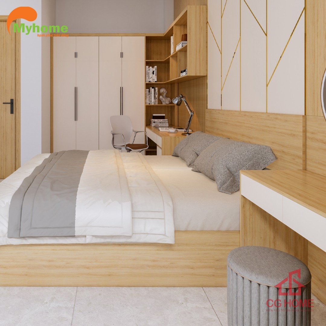 Tủ quần áo được bố trí liền bàn làm việc và giá sách. Giúp việc sử dụng trở lên thuận tiện