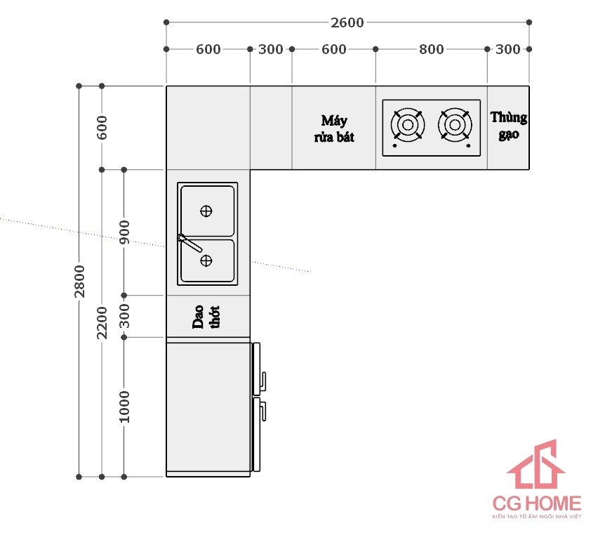 kích thước tủ bếp inox L2826