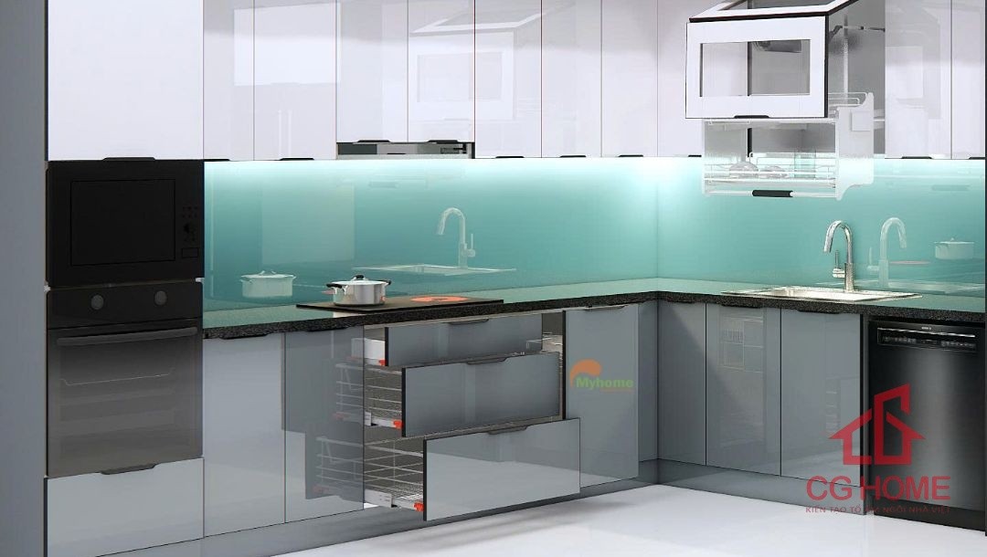 Tủ bếp inox cánh kính chữ L kích thước 3.5x3.5m 5