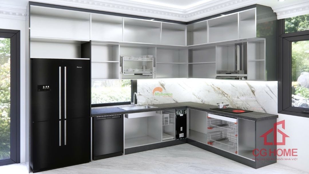 Tủ bếp kích thước lớn rộng rãi. Tủ được bố trí khoang kịch trần, tăng khả năng lưu trữ.