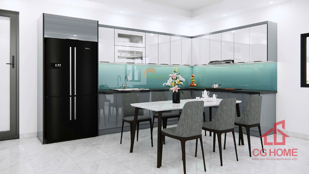 Hệ tủ bếp inox hoàn thiện với cánh đóng kín, bề mặt phẳng mịn, dễ lau chùi và đảm bảo tính thẩm mỹ cao.