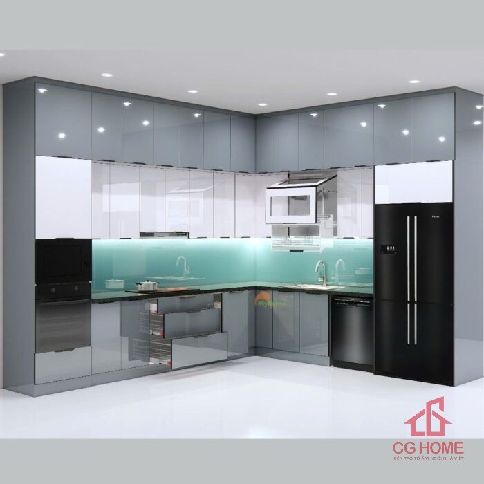 Mẫu Tủ Bếp Inox Cánh Kính Chữ L 3.5×3.5m Kịch Trần