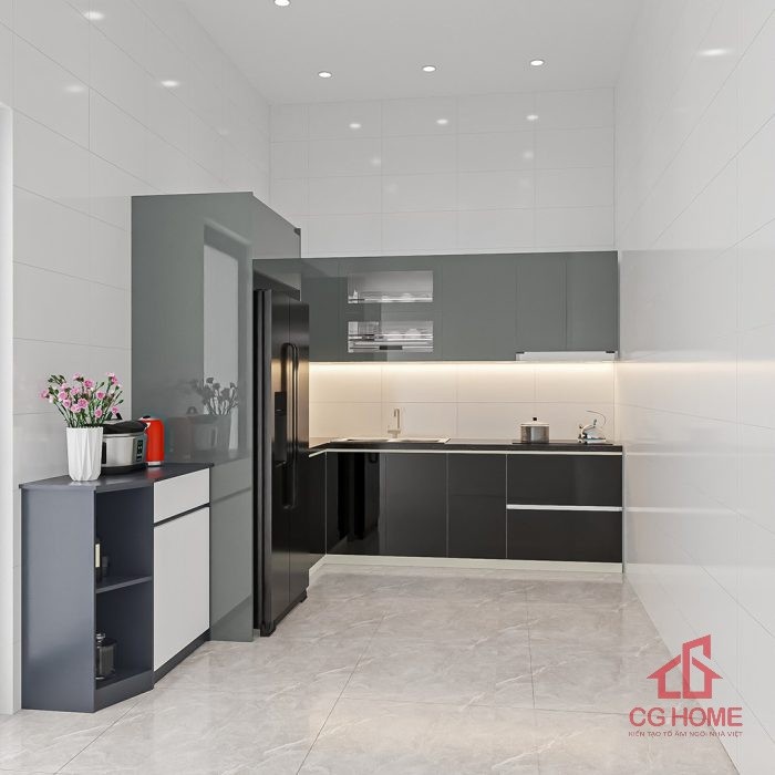 Mẫu Tủ Bếp Inox Cánh Acrylic Chữ L 2.5×2.8m