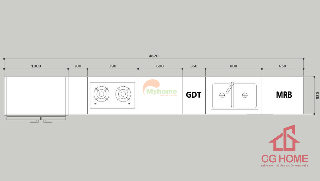 Mặt bằng tủ bếp inox cánh kính kịch trần dài 4.7m