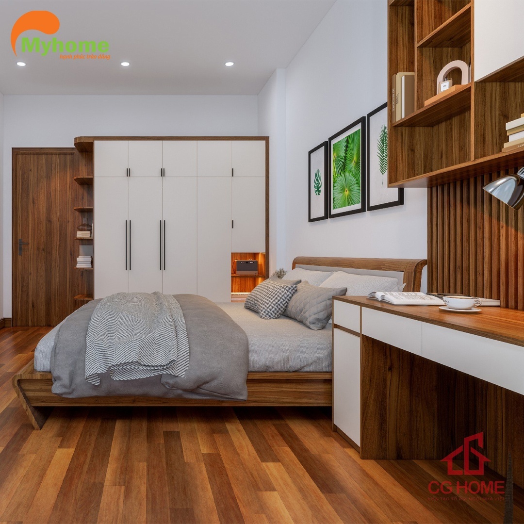 Tủ quần áo được thiết kế có ô trang trí. Giúp tủ quần áo vẫn đảm bảo công năng và thẩm mỹ.