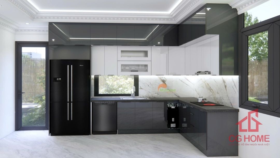 Tủ bếp inox cánh kính chữ L 3.8x2.4m kịch trần, có đầu đủ tiện nghi cho một căn bếp hiện đại.