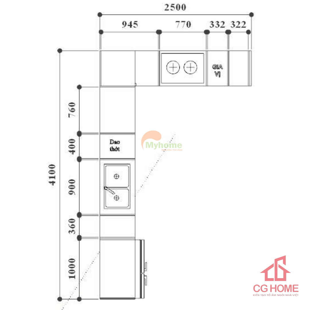 Mặt bằng kich thước tủ bếp inox cánh kính chữ L dài 4.1x2.5m