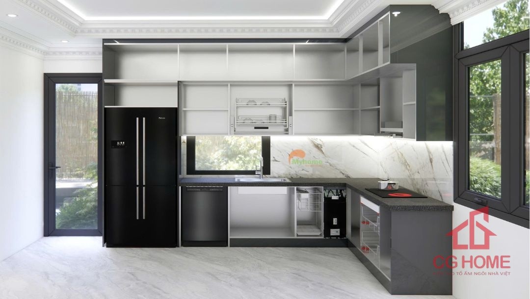 Bố trí công năng tủ bếp inox cánh kính chữ L 3.8x2.4m kịch trần
