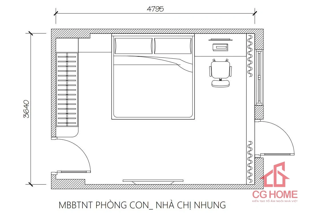CBPN004 mặt bằng combo nội thất phòng ngủ 17m2