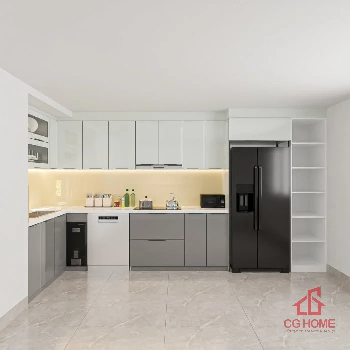 Tủ bếp inox cánh kính 6.2m chữ L
